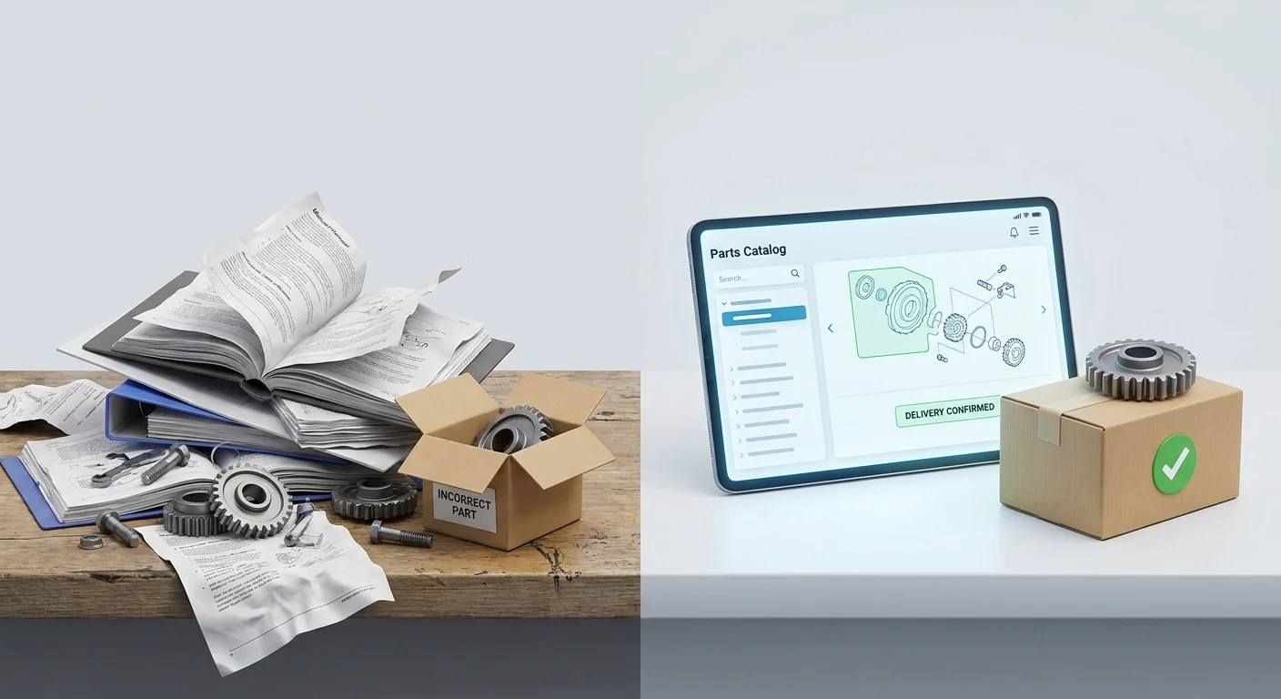 A side-by-side visual metaphor showing a messy, disorganized pile of paper manuals and incorrectly shipped parts on the left, contrasted with a sleek, digital catalog interface and a properly checked delivery box on the right.