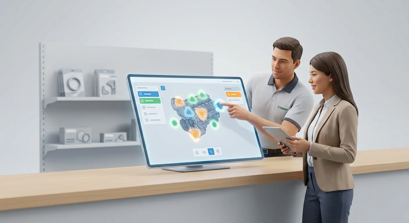 A dealership parts counter where an employee confidently shows a customer a live inventory screen displaying interactive multi-shape hotspots on a digital diagram.