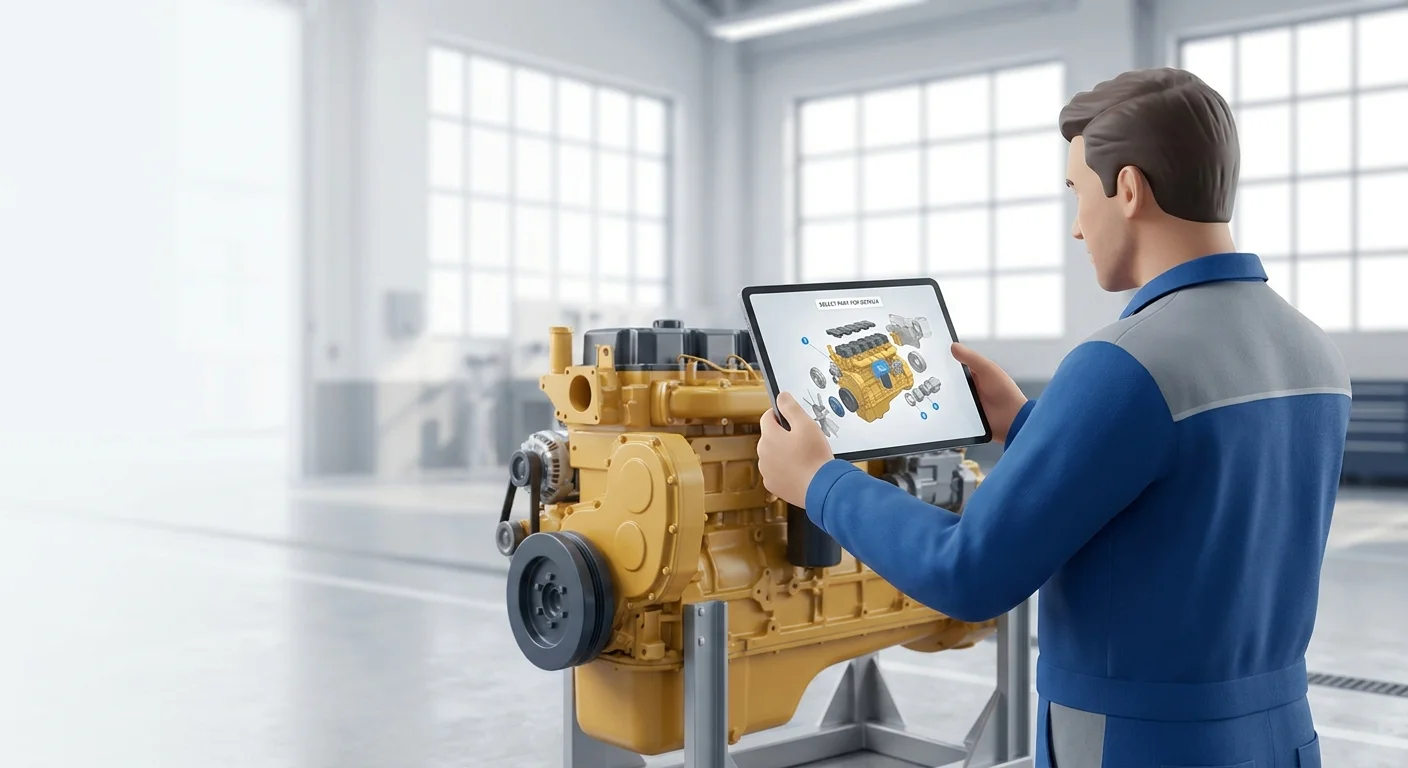 A field service technician looking at an interactive 3D tablet schematic of a heavy machinery engine while standing next to the physical equipment in a brightly lit repair bay.