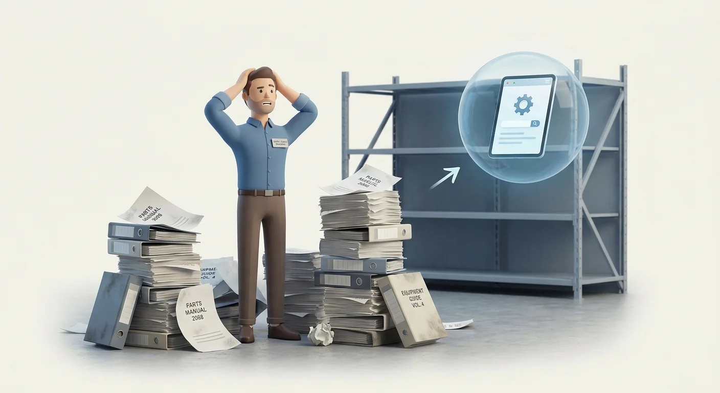 A frustrated supply chain manager standing in a warehouse, surrounded by messy stacks of outdated paper parts manuals.