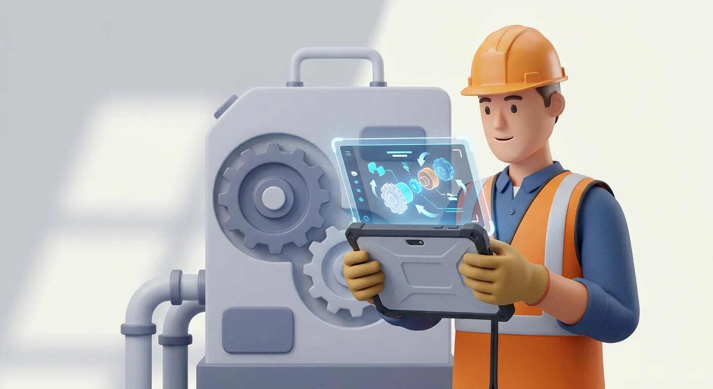 A field service technician in a hard hat and safety vest looking at an interactive schematic on a rugged tablet while inspecting large industrial machinery.
