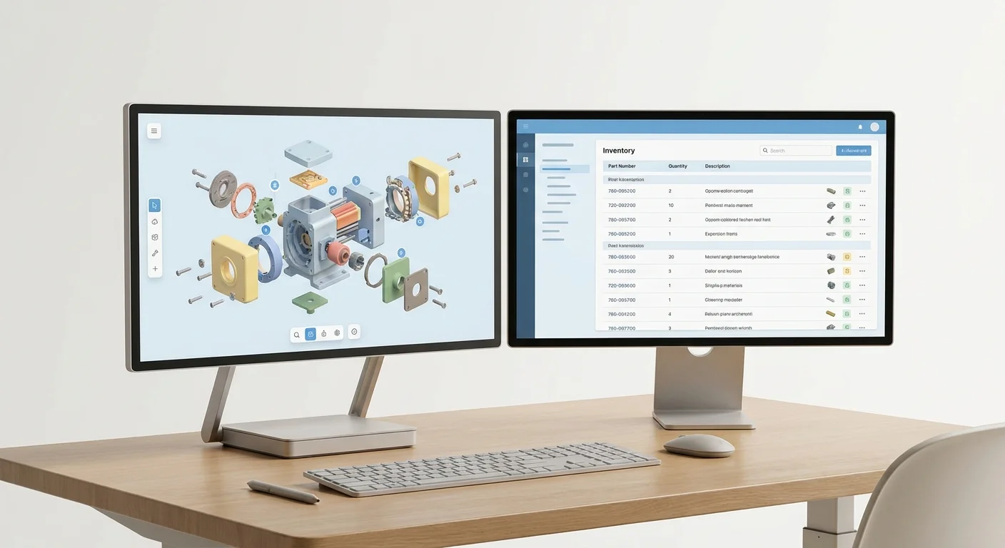A dual-screen office desk setup showing a split view between a 3D mechanical equipment model and a digital inventory management dashboard.