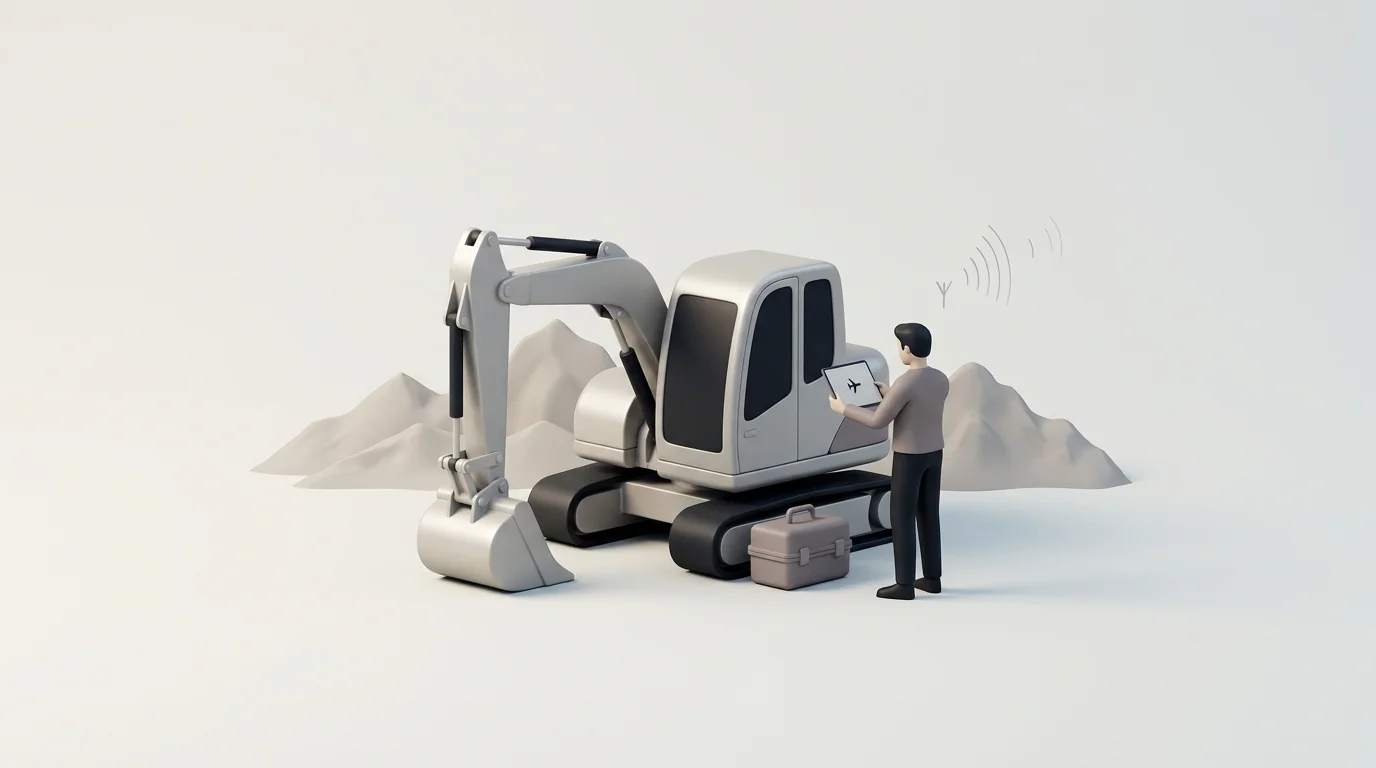 Opening scene: a field technician beside remote heavy equipment uses a tablet in airplane mode while a mountain landscape emphasizes the missing signal.