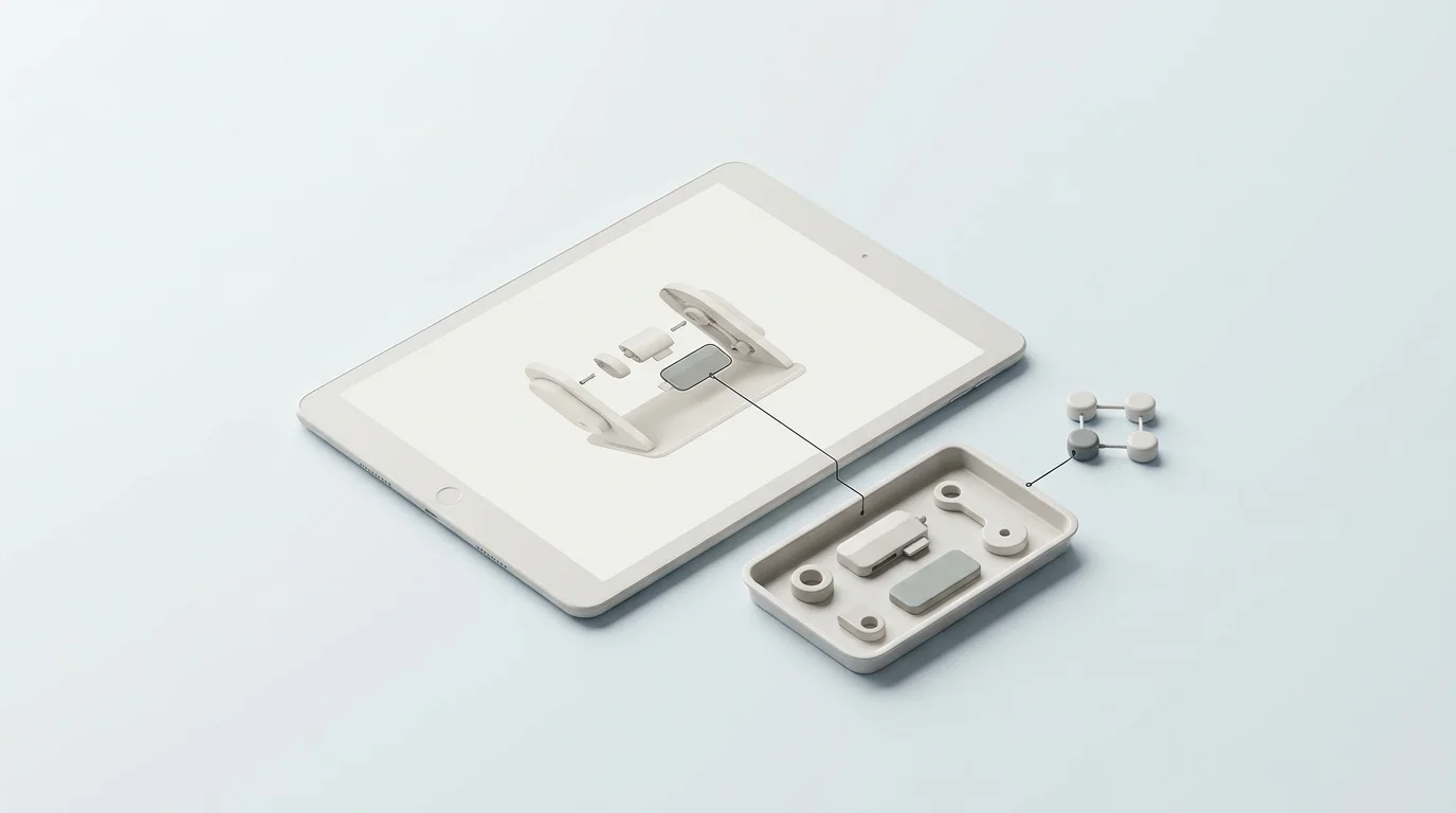 Feature section: a tablet shows a visual equipment assembly with one callout flowing to a parts tray and then to a reconnecting network, illustrating local lookup, part relationships, and synchronization.