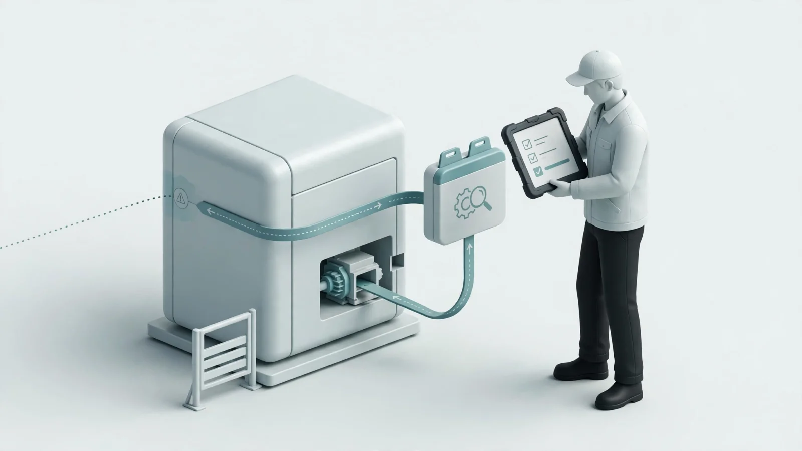 A field technician beside a machine uses a rugged tablet while a visual path leads from an observed symptom to a highlighted component.