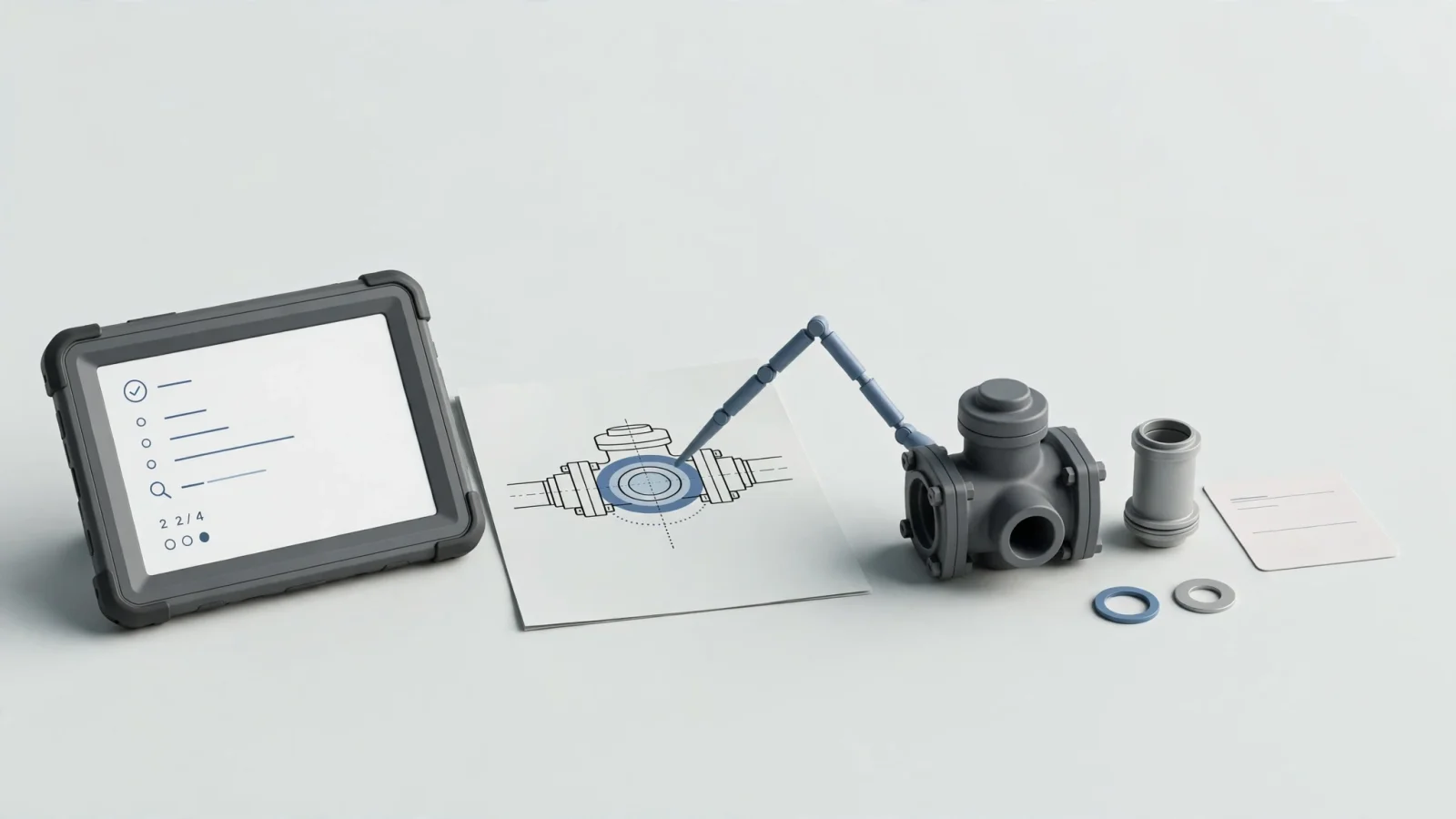 A service-workbench scene shows a tablet, equipment drawing, highlighted component, and matching replacement part arranged as one continuous diagnostic-to-parts workflow.