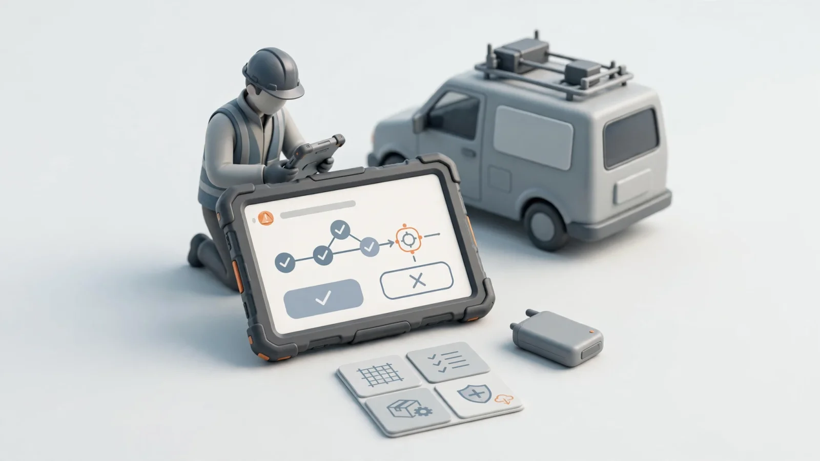 A technician at a remote service site uses an offline tablet beside a service vehicle, with a second device ready to synchronize when connectivity returns.