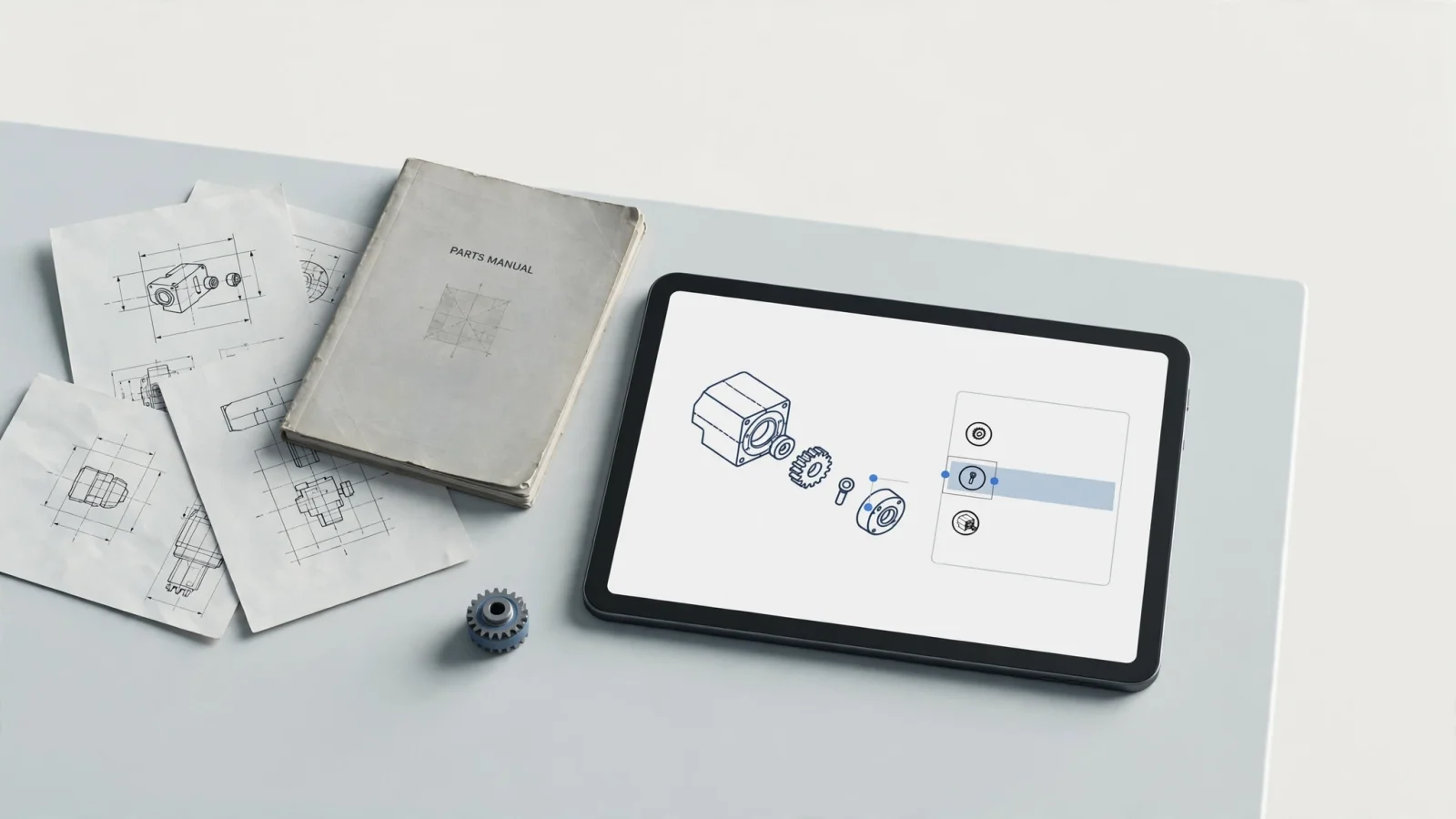 A technical publications team compares a worn parts manual, loose drawings, and a tablet-based catalog in an OEM workshop, showing the shift from scattered sources to a maintained digital resource without readable screen text.