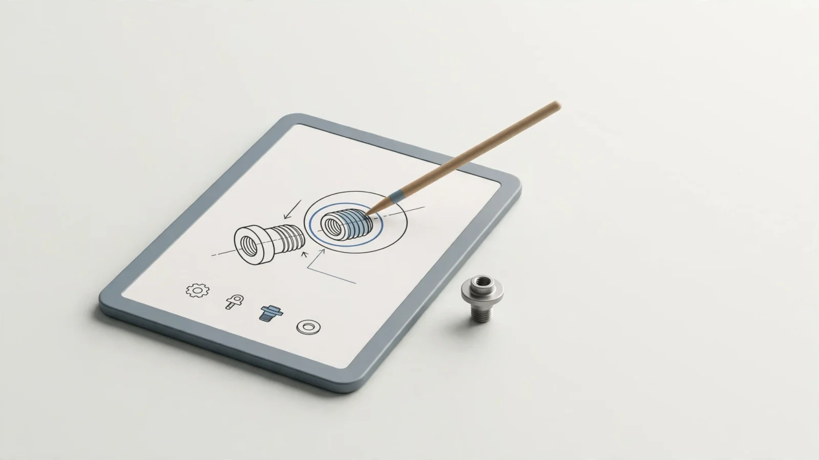 An engineer compares a technical illustration on a tablet with a physical replacement part, tracing one highlighted callout to show why drawing-to-BOM relationships matter, with no readable text on the display.