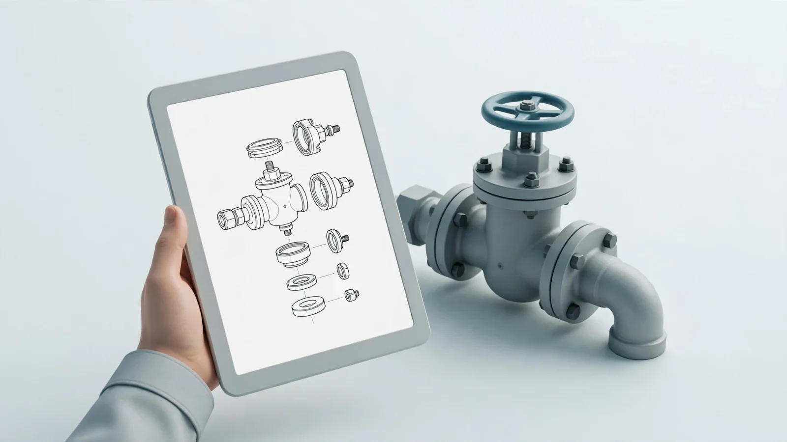 A field technician consults a tablet beside industrial equipment in a remote service location, illustrating offline parts lookup without readable screen text.