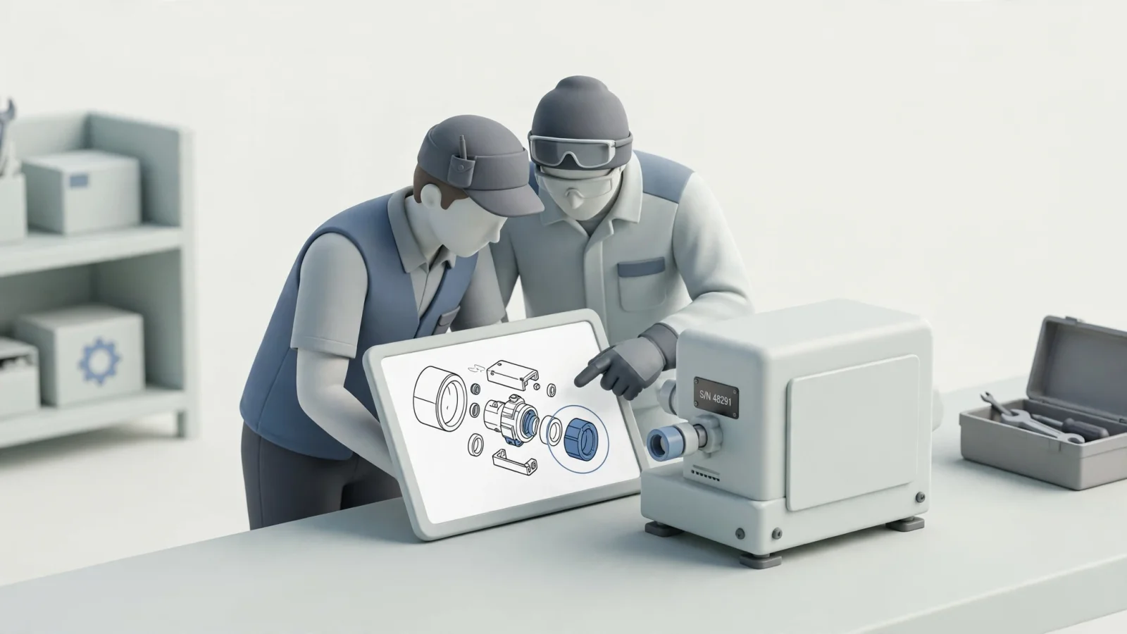 Near the parts-identification section, show a dealer parts specialist and field technician matching an equipment serial plate to an exploded component view on a tablet in a working service bay, with no readable screen text.