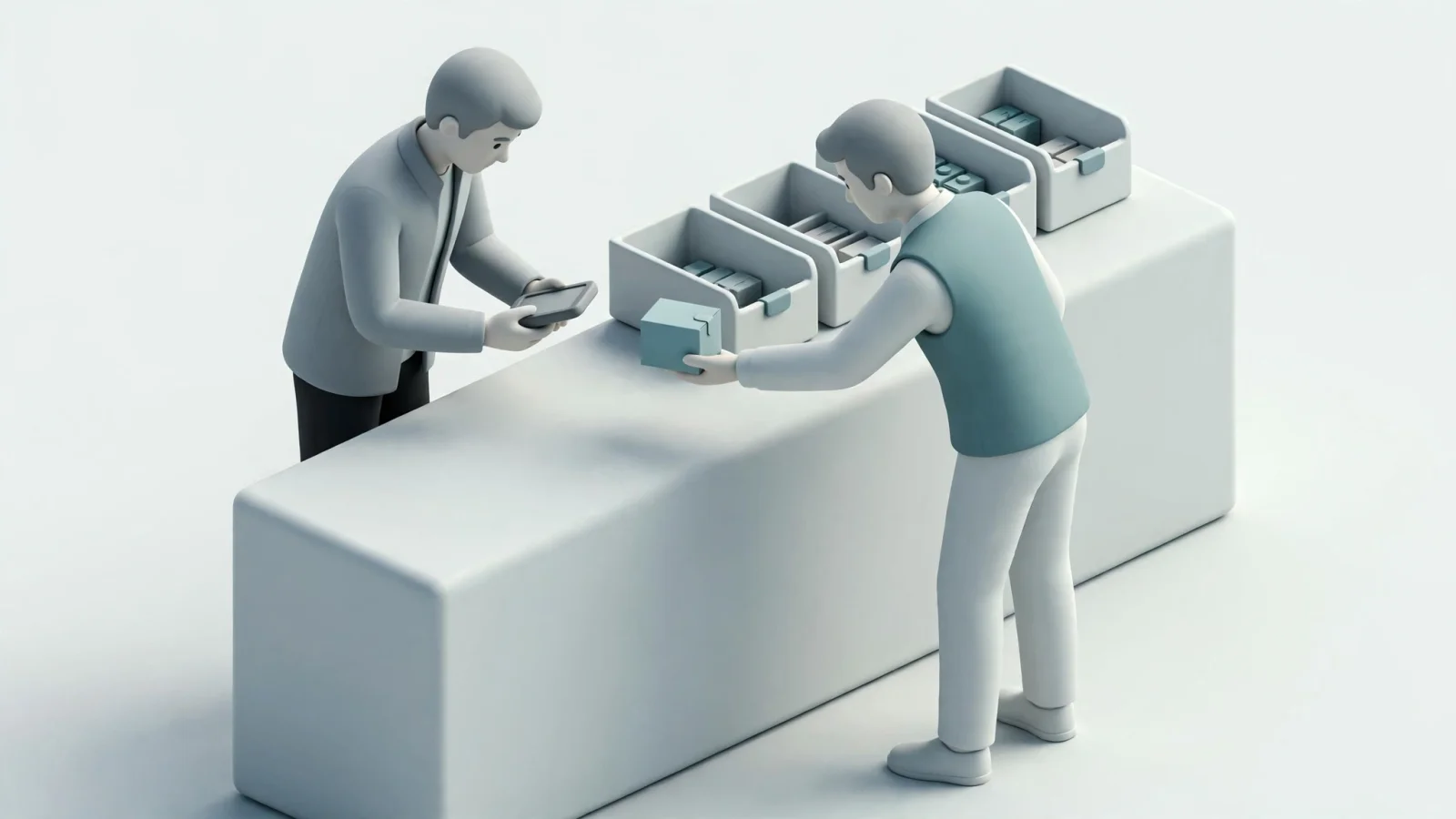 Near the ERP section, show a dealer counter representative and an OEM warehouse picker coordinating a replacement-parts request across the counter-to-fulfillment handoff, without legible interface labels.