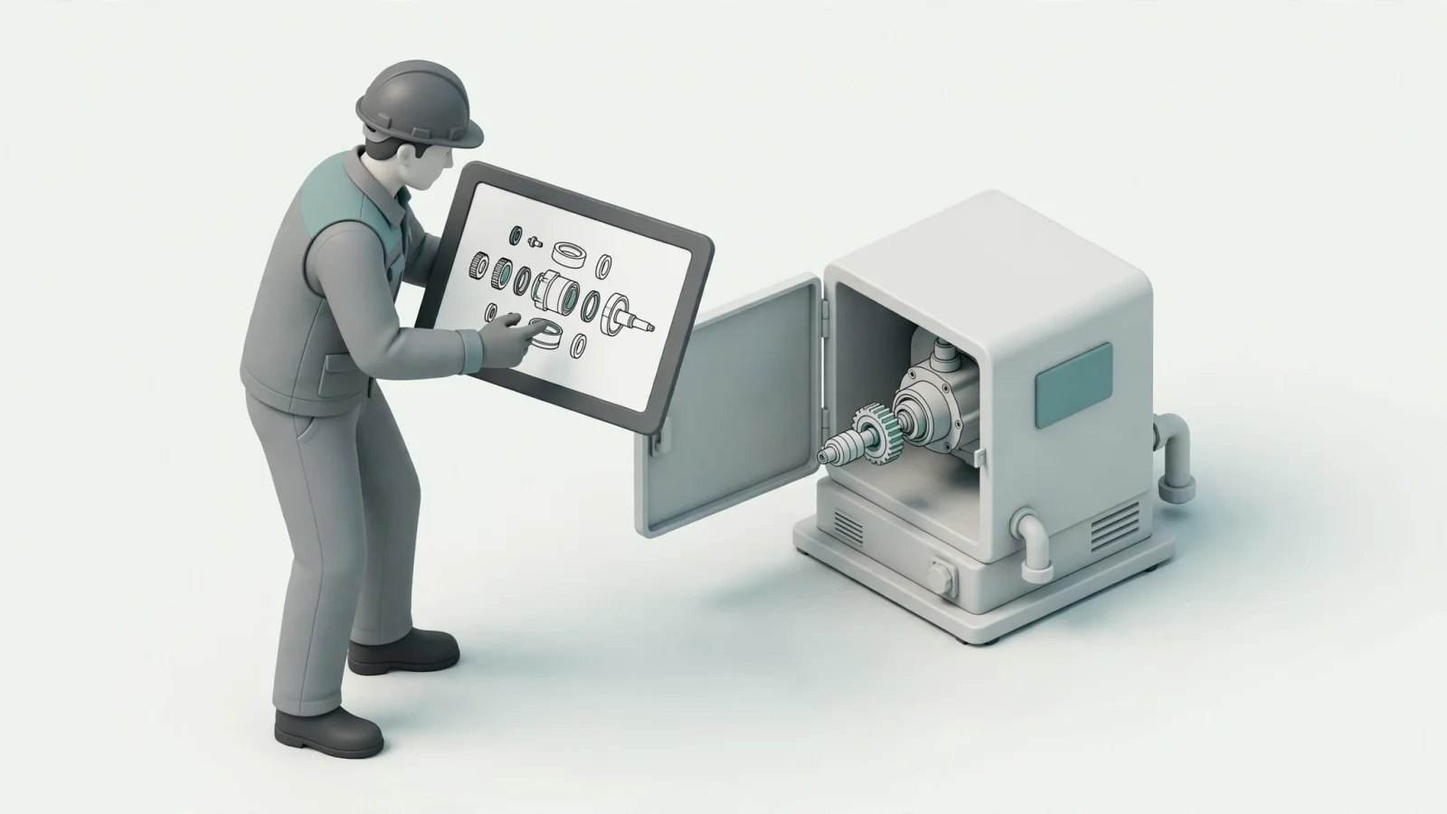 Near the offline section, show a field technician consulting a downloaded parts catalog on a tablet beside equipment at a remote site, with no checkout screen or readable text.