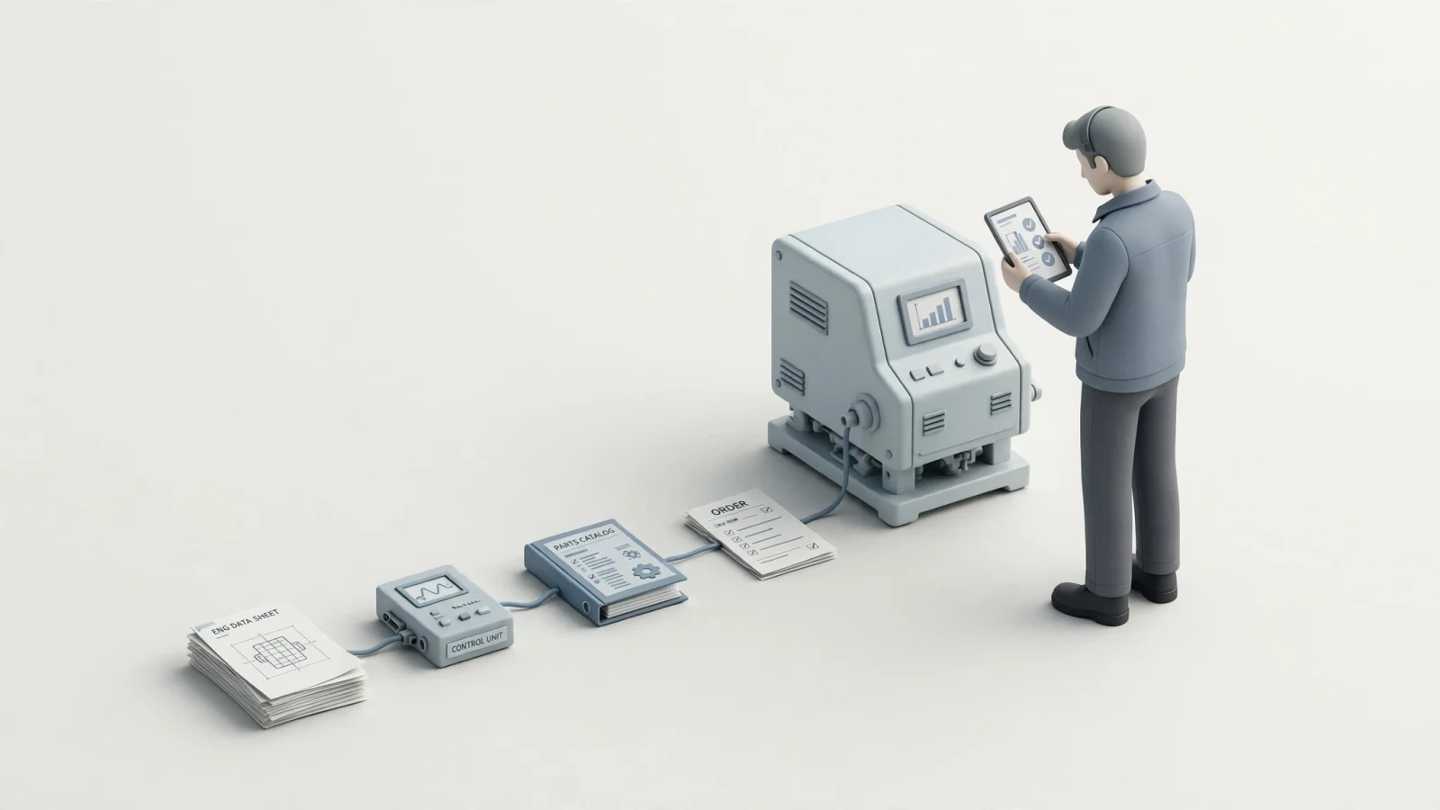For the introduction, show an equipment service technician using a tablet beside a machine while a subtle visual thread links engineering data, a factory system, a parts catalog, and an order.