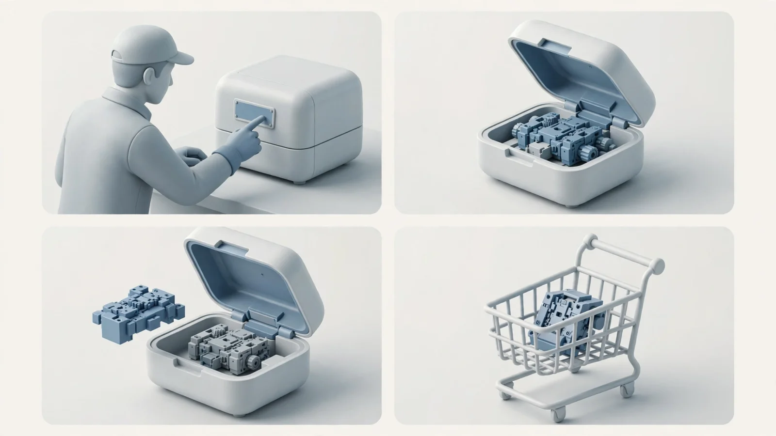 For the workflow section, show a four-panel editorial scene of a technician selecting a machine by serial number, opening a highlighted assembly, checking a replacement part, and adding it to a cart, with no text.