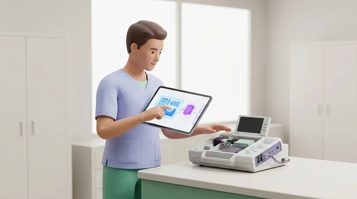 A biomedical equipment technician in a hospital service room uses a tablet to move from a device assembly to a replacement component while the physical equipment sits beside them; show no readable interface text.