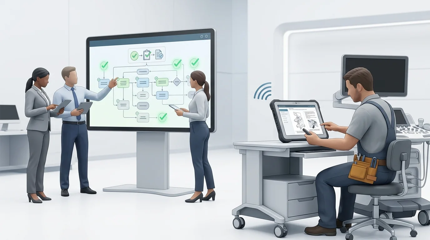 A quality and service team reviews a controlled revision package with approval checkpoints while an authorized technician receives the current information; show no readable text.