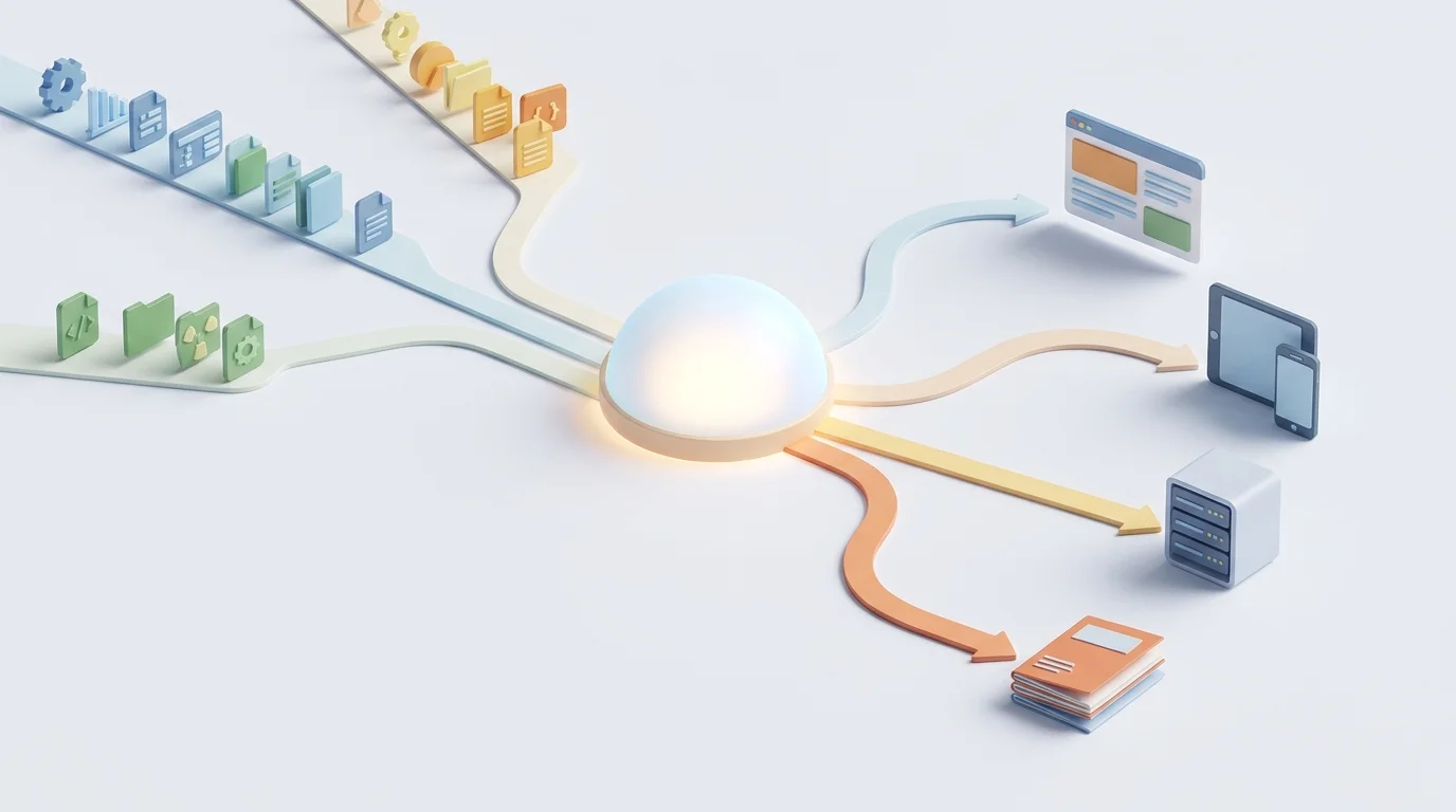 A clean editorial data-flow illustration shows CAD and BOM data plus service documents entering one governed information hub and branching to web, mobile, offline, and printable outputs; use unlabeled shapes and no text.