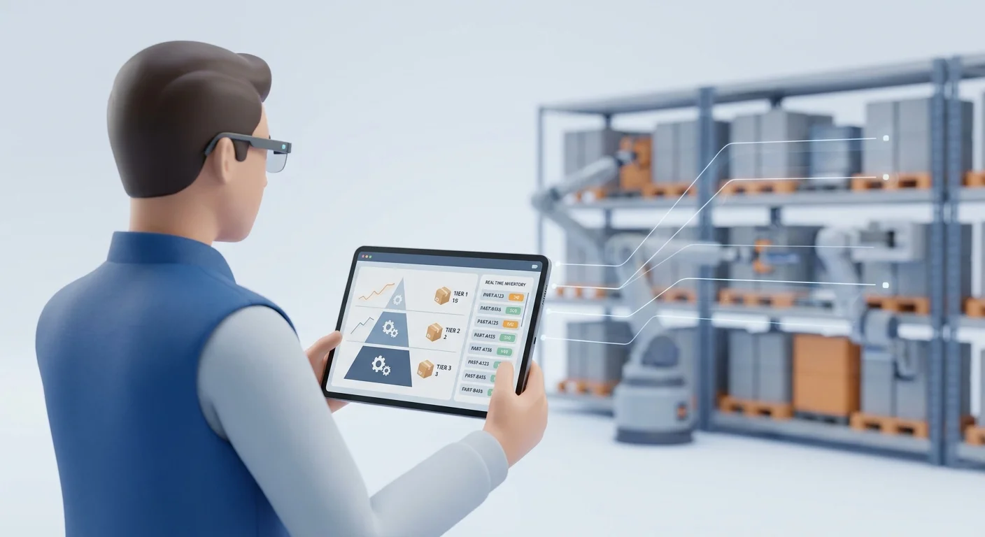 A warehouse manager viewing a dashboard that displays real-time inventory levels and dynamic B2B pricing tiers synced seamlessly from an ERP.
