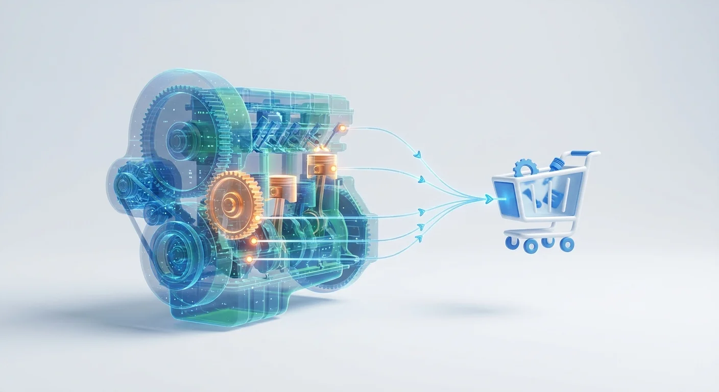 A conceptual visualization showing a complex machine's 3D digital twin with highlighted components linking directly to a digital shopping cart.