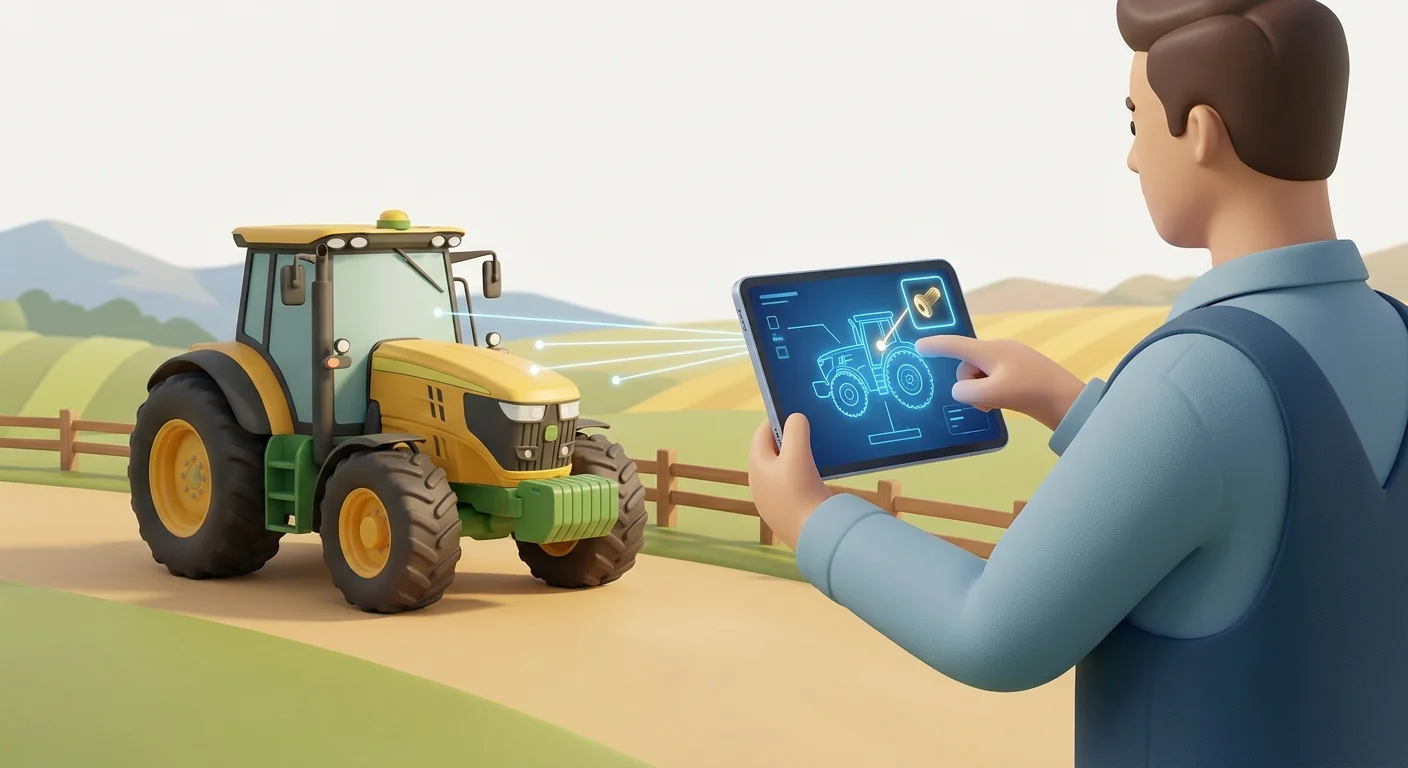 A heavy equipment technician in a rural field inspecting a tractor while identifying parts on an interactive tablet schematic.