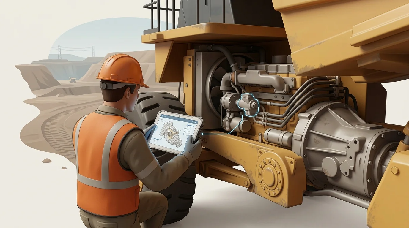 A field-service technician at a remote mine uses a rugged tablet to trace a failed component on a large haul truck assembly, with no text.