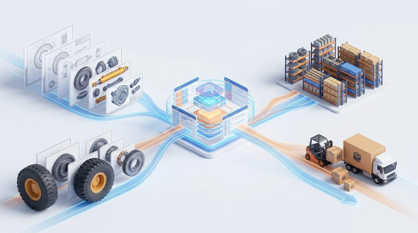 An editorial data-flow scene shows engineering drawings and nested BOM components converging through an electronic catalog into inventory data and a dealer order, with no text.