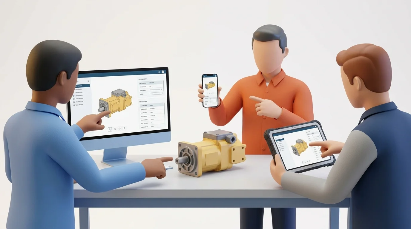 An OEM, dealer, and technician team tests the same mining-equipment assembly on a desktop, phone, and offline tablet before approving a catalog release, with no text.