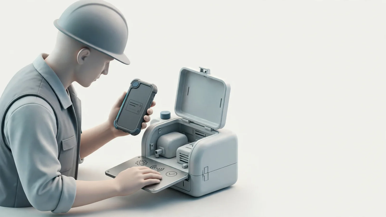 A field technician beside a large machine checks a rugged phone while confirming the equipment identifier and work context, showing why job and asset information belong together.