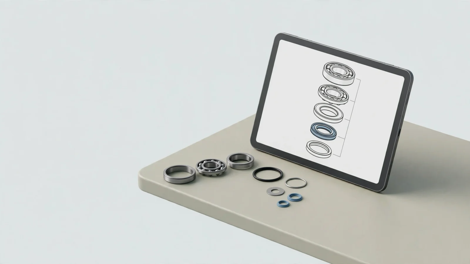 A technician compares a removed component on a workbench with a layered parts illustration on a tablet, with individual kit pieces nearby, making schematic-to-BOM and kit relationships tangible.