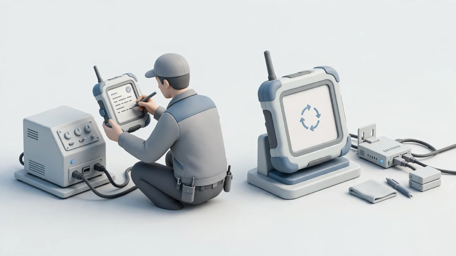 A two-moment editorial scene shows a technician recording work at a remote machine, then reconnecting the device at a service depot, illustrating local capture and later synchronization without implying an offline order is confirmed.
