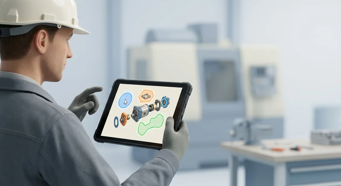 A field service technician in a hard hat holding a rugged tablet that displays an interactive 3D model of heavy machinery.