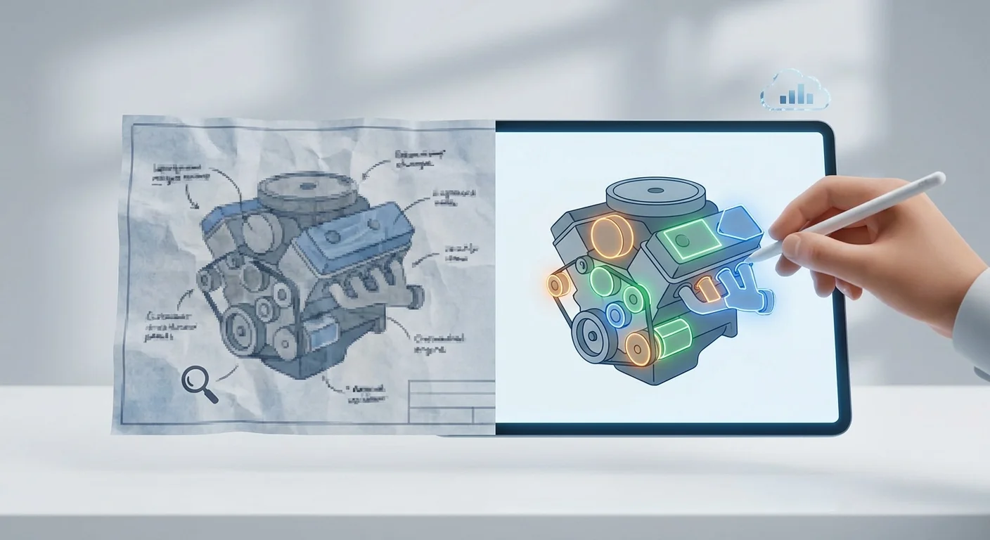 A visual split-screen comparison showing a blurry, pixelated paper schematic on the left and a crisp, infinitely scalable digital vector graphic with highlighted multi-color polygons on the right.
