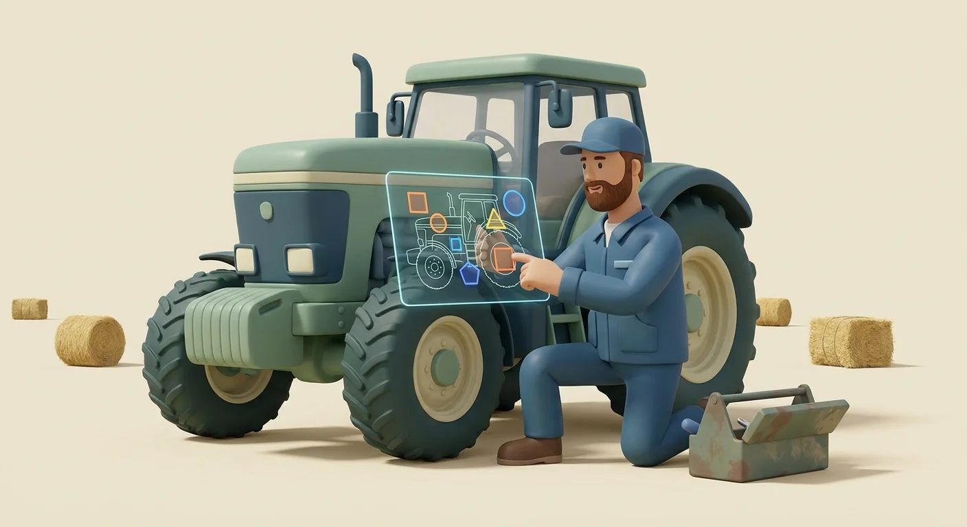 An agricultural mechanic standing next to a tractor in a remote field, using an offline smartphone app to identify a part component.