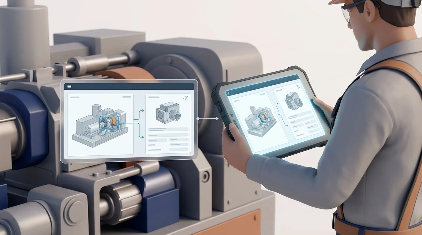 Opening illustration: A field technician beside a remote industrial machine uses a rugged tablet to move from a machine overview to a highlighted assembly and part record with no network connection.