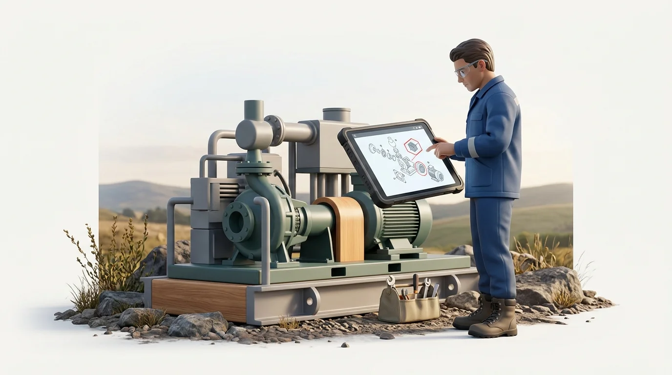 Opening illustration: A field technician beside a remote industrial machine uses a tablet to identify a replacement part after connectivity drops; suggested alt text: "offline electronic parts catalog for technicians at a remote job site"; request no other in-image text.