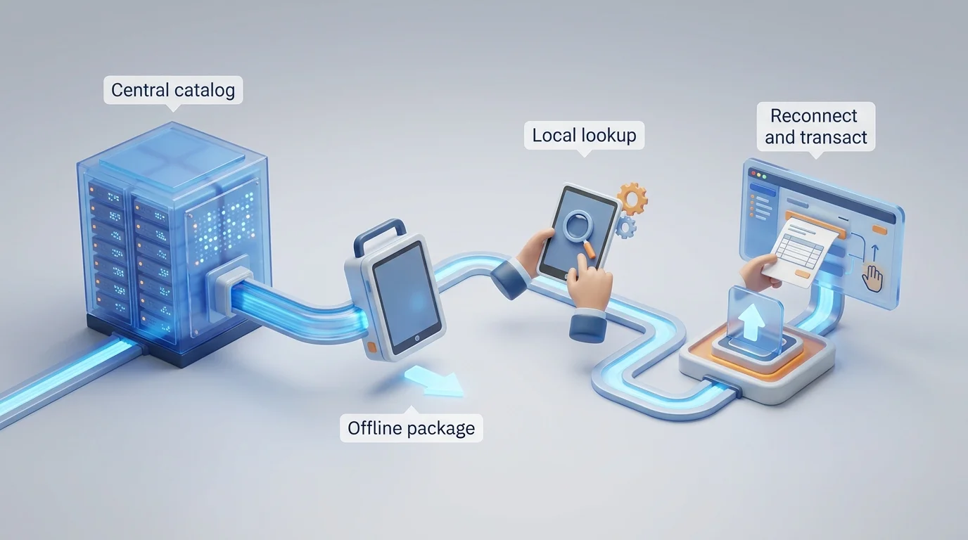 Workflow illustration: A clean diagram shows the path from central OEM catalog data to a scoped device package, local lookup, incremental update, and live order handoff after reconnection, using the short labels "Central catalog", "Offline package", "Local lookup", and "Reconnect and transact".