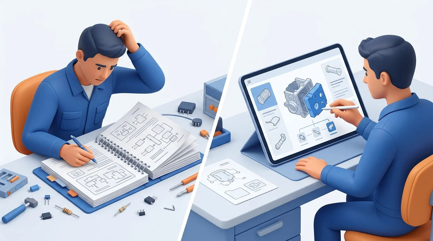 Comparison illustration: A split editorial scene shows a technician struggling to navigate a static PDF on one side and selecting a highlighted assembly in an interactive tablet catalog on the other, illustrating why structured part relationships matter; request no scorecard or decorative in-image text.