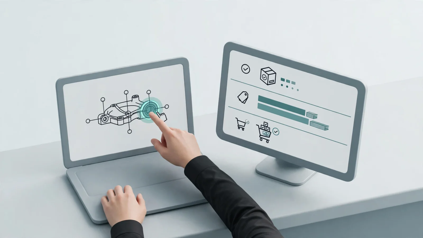 A dealer at a service counter selecting a schematic hotspot on a laptop while the identified part moves visually through availability, account pricing, and cart states on a second screen, with no decorative text.