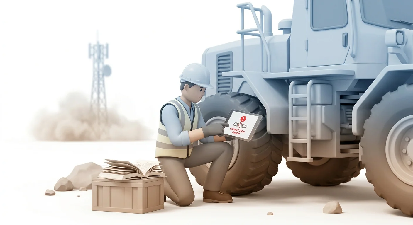 A frustrated field service technician looking at a tablet next to heavy machinery in a remote mining site, symbolizing the critical need for true offline catalog access.