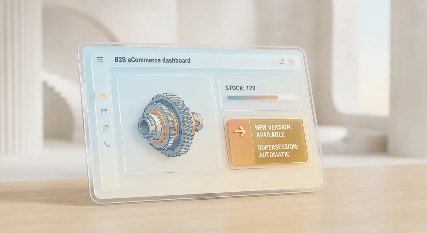 A clean, modern B2B eCommerce dashboard displaying a heavy equipment part with real-time stock levels and automated supersession replacement alerts.