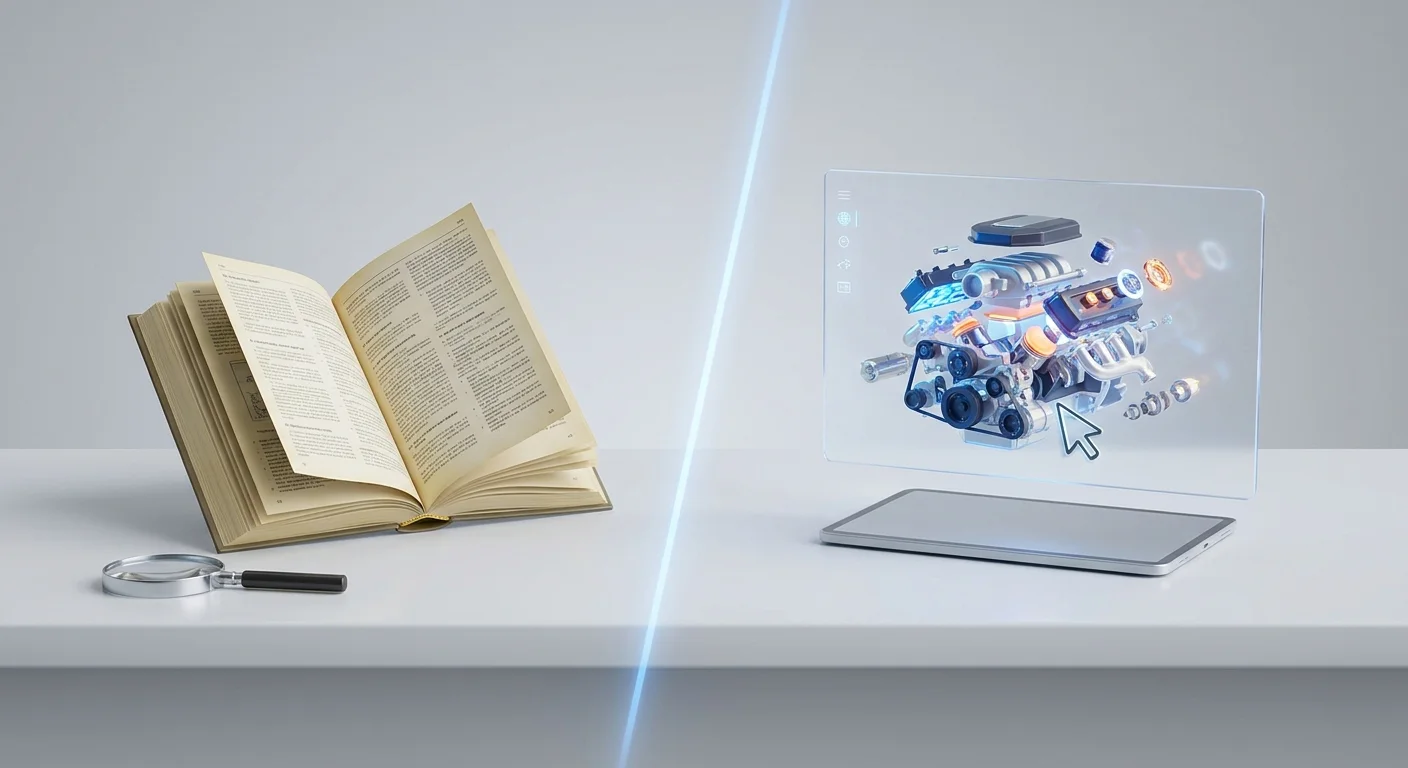 A digital split-screen graphic showing a static PDF manual on one side and a modern, interactive 3D exploded parts view on the other.
