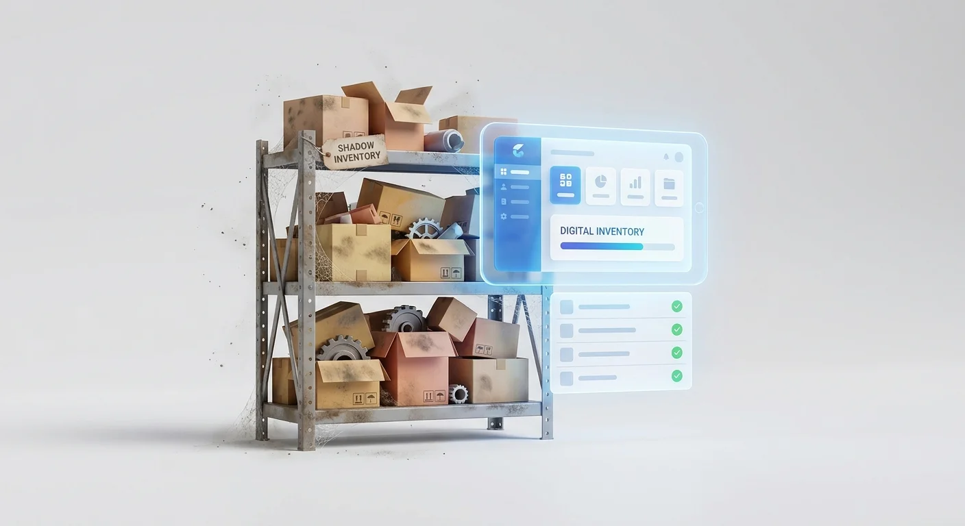 A visualization of an overcrowded warehouse shelf labeled 'shadow inventory' covered in dust, visually transitioning into a glowing, lean digital inventory management dashboard.