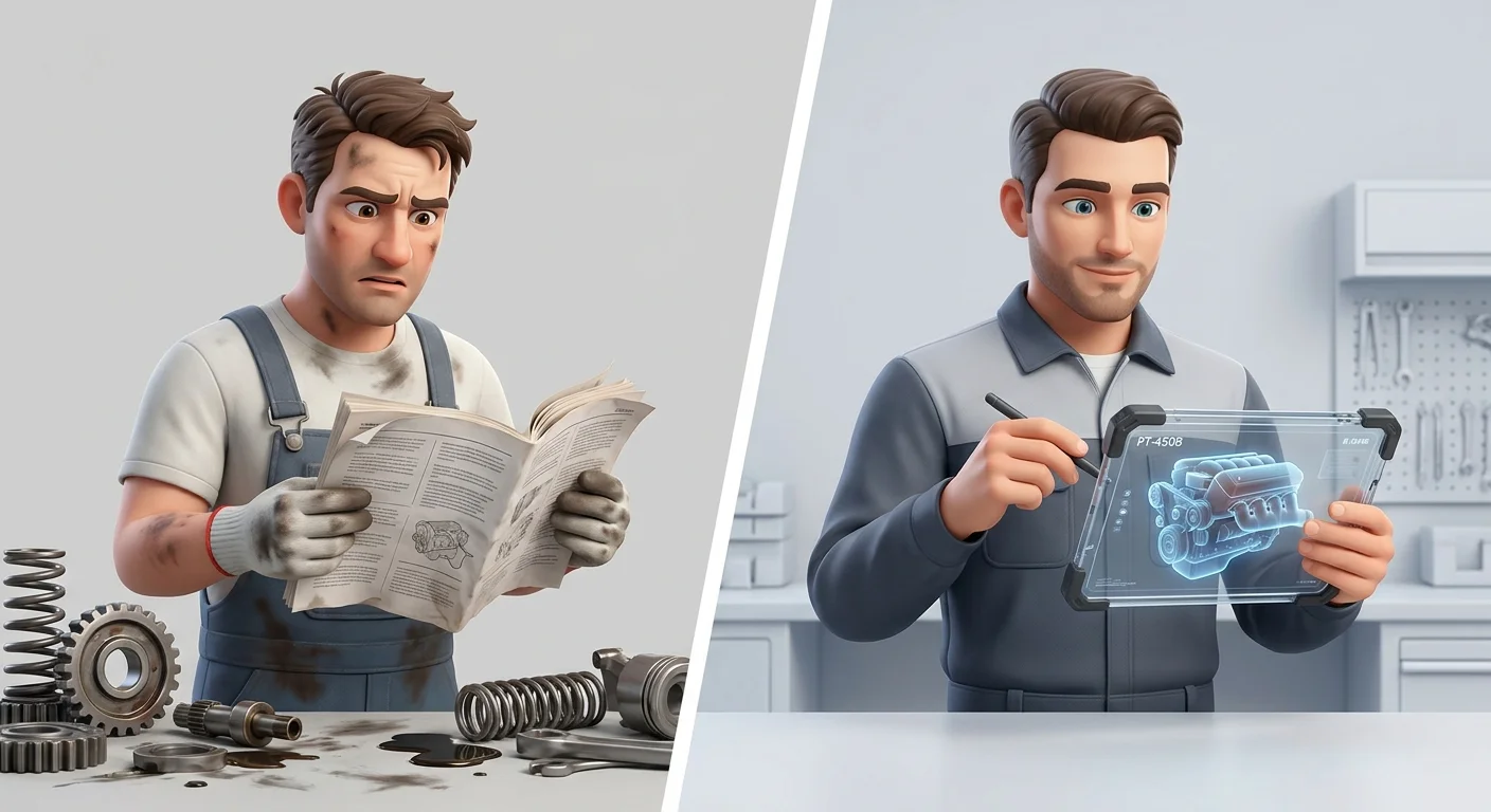 A split-screen illustration showing a frustrated technician struggling with a greasy paper manual on one side, and a modern mechanic seamlessly tapping an interactive 3D model on a rugged tablet on the other.