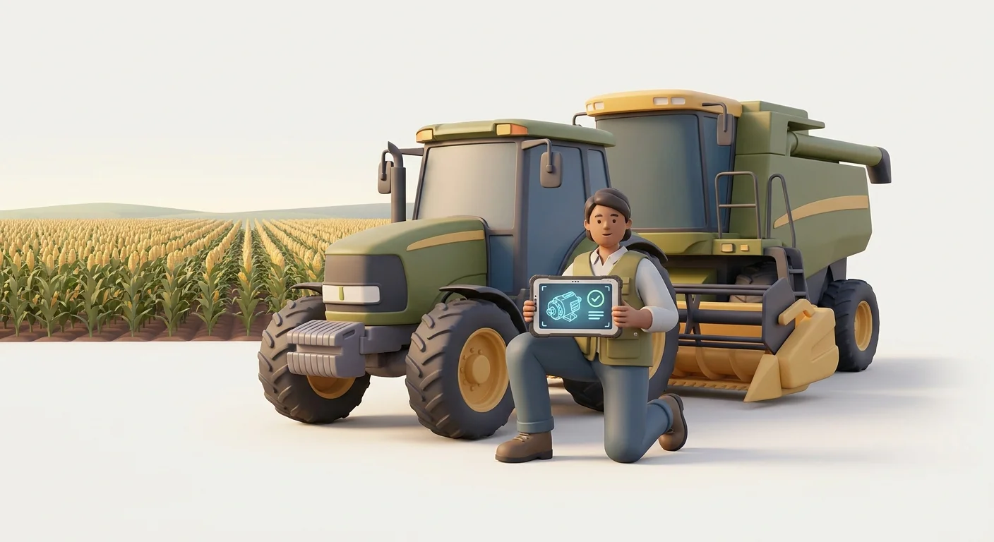A field service technician working on heavy agricultural machinery in a vast, remote cornfield, confidently looking up a part on a rugged tablet in offline mode.