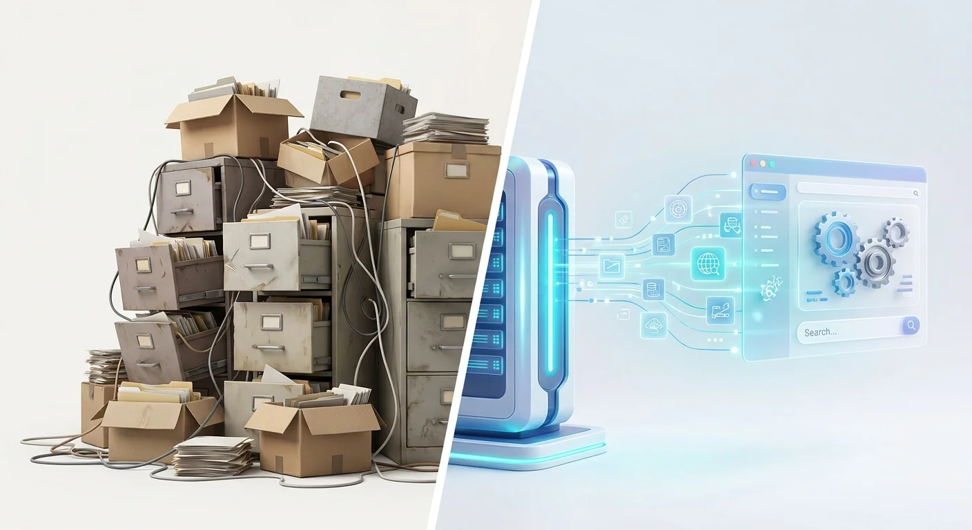 A split-screen visual metaphor showing a tangled, chaotic web of filing cabinets on one side and a clean, glowing stream of data flowing from a centralized server on the other.