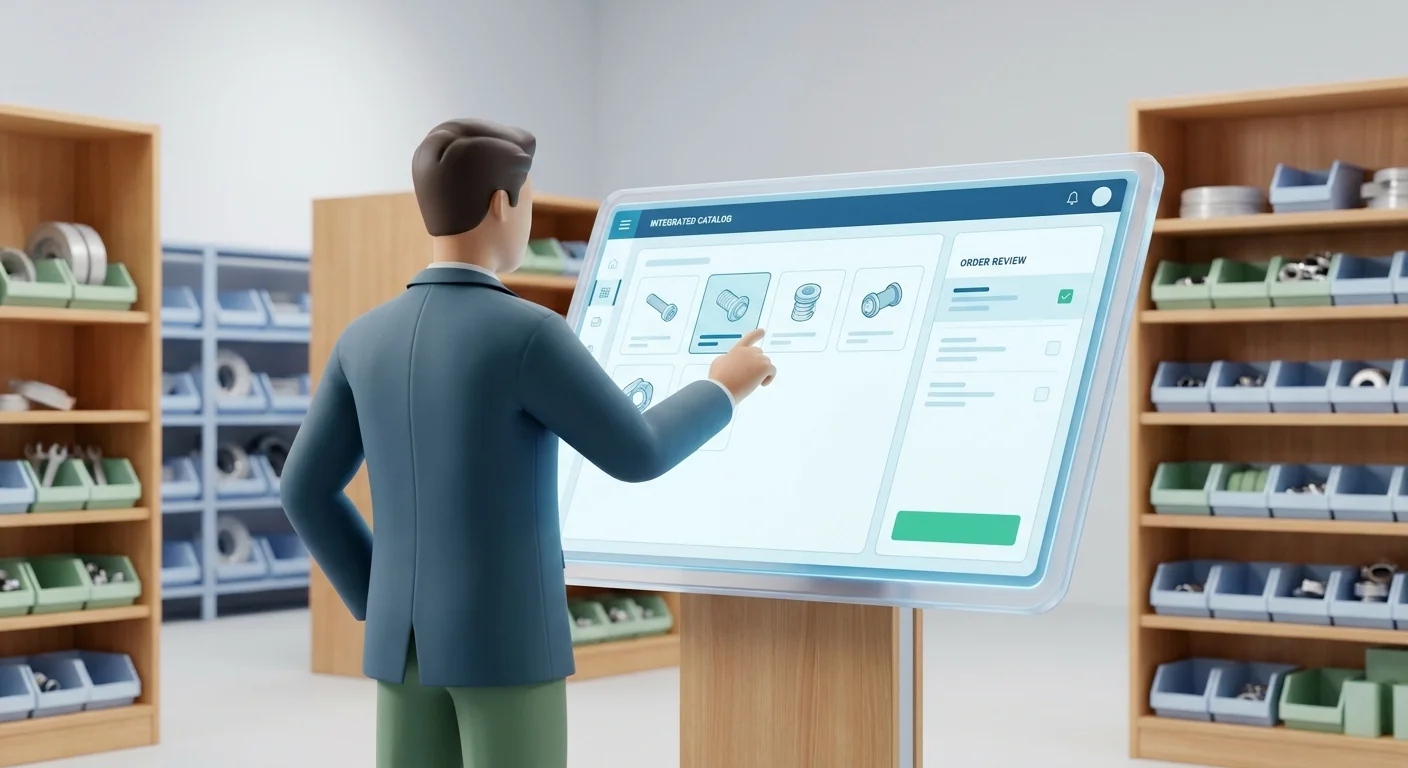 A dealer network manager confidently reviewing a digital parts order on a touchscreen display while standing in a well-organized, brightly lit warehouse.