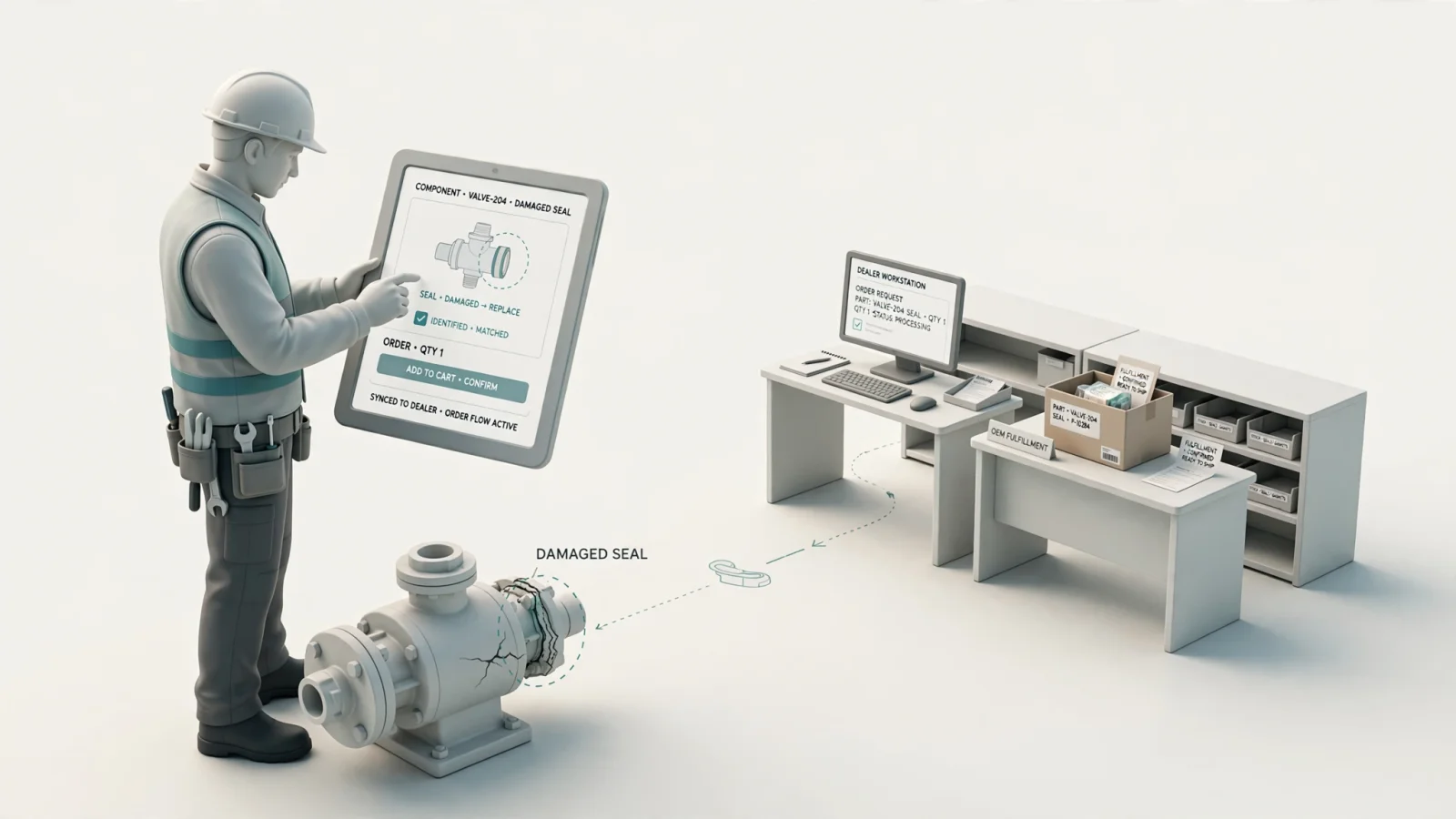A field technician beside a piece of equipment uses a tablet to identify a replacement component while a dealer and OEM fulfillment team coordinate the order in the background, illustrating the move from a static manual to guided ordering.