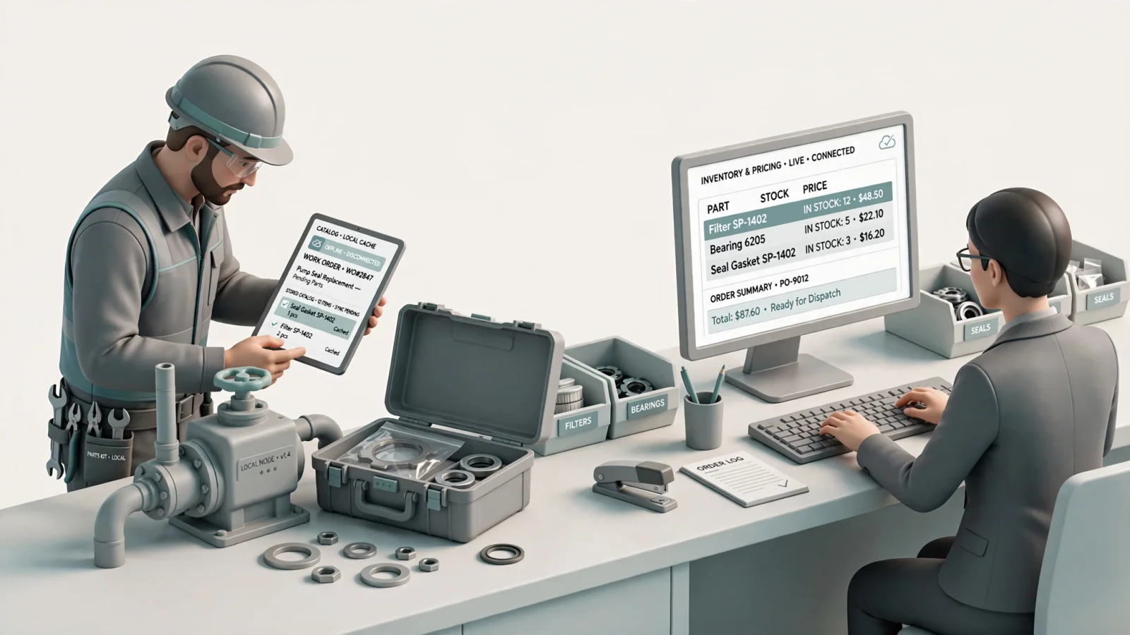 A split scene shows a field technician browsing stored catalog data offline at a remote worksite and a connected dealer checking current price and inventory at a service desk, clarifying the difference between offline access and live transactions.