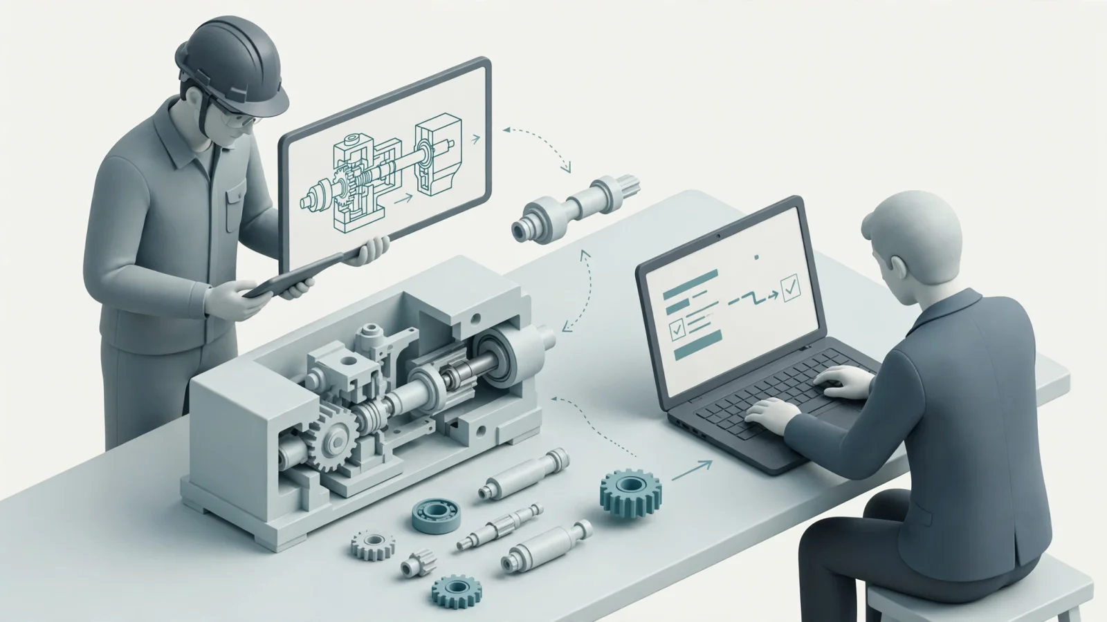 A wide editorial scene of an equipment technician using a tablet beside industrial machinery, moving from a cutaway parts view to the correct replacement component while a dealer reviews a B2B order on a laptop.